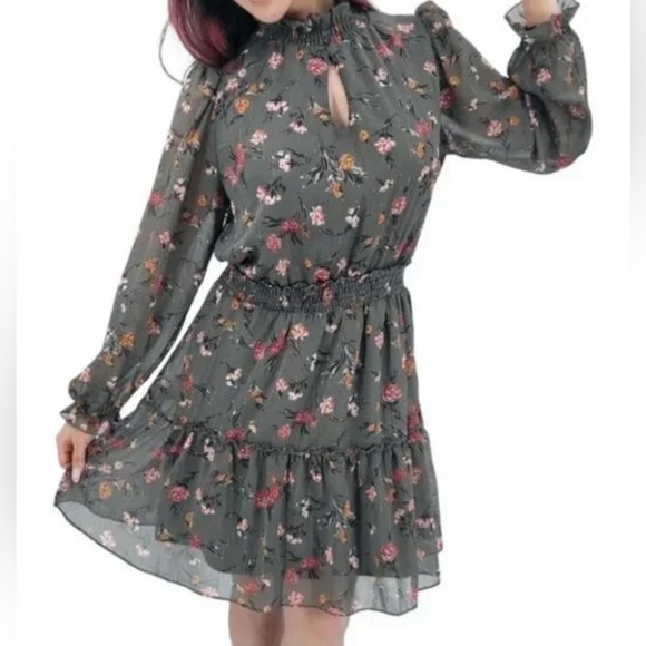 Anthropologie Drew Green Floral Chiffon Smocked High Neck Long Sleeve Dress - Picture 1 of 14